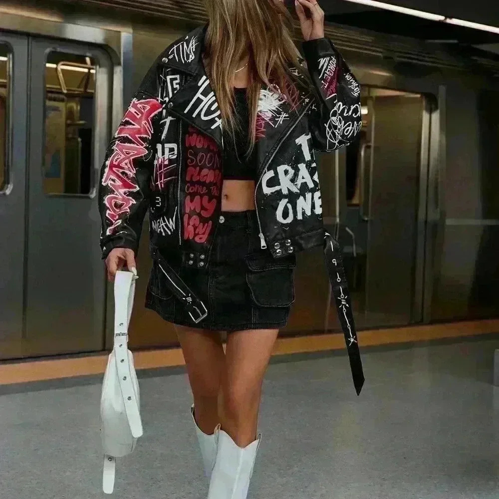 Black Casual Women's Trendy Colorful Graffiti Letter  Punk Style Leather Jacket